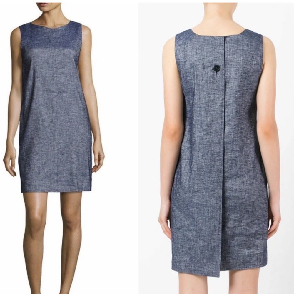 Theory Linen Cotton Sleeveless Narlica Tierra Blue Shift Dress Pockets